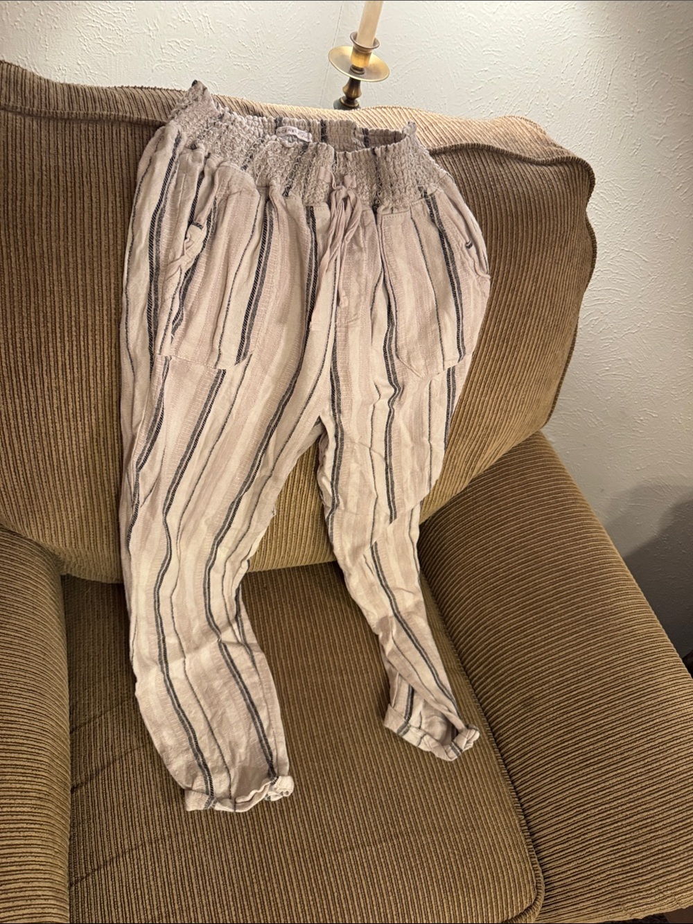 Sincerely Jules Beige Striped Drawstring Casual Pants